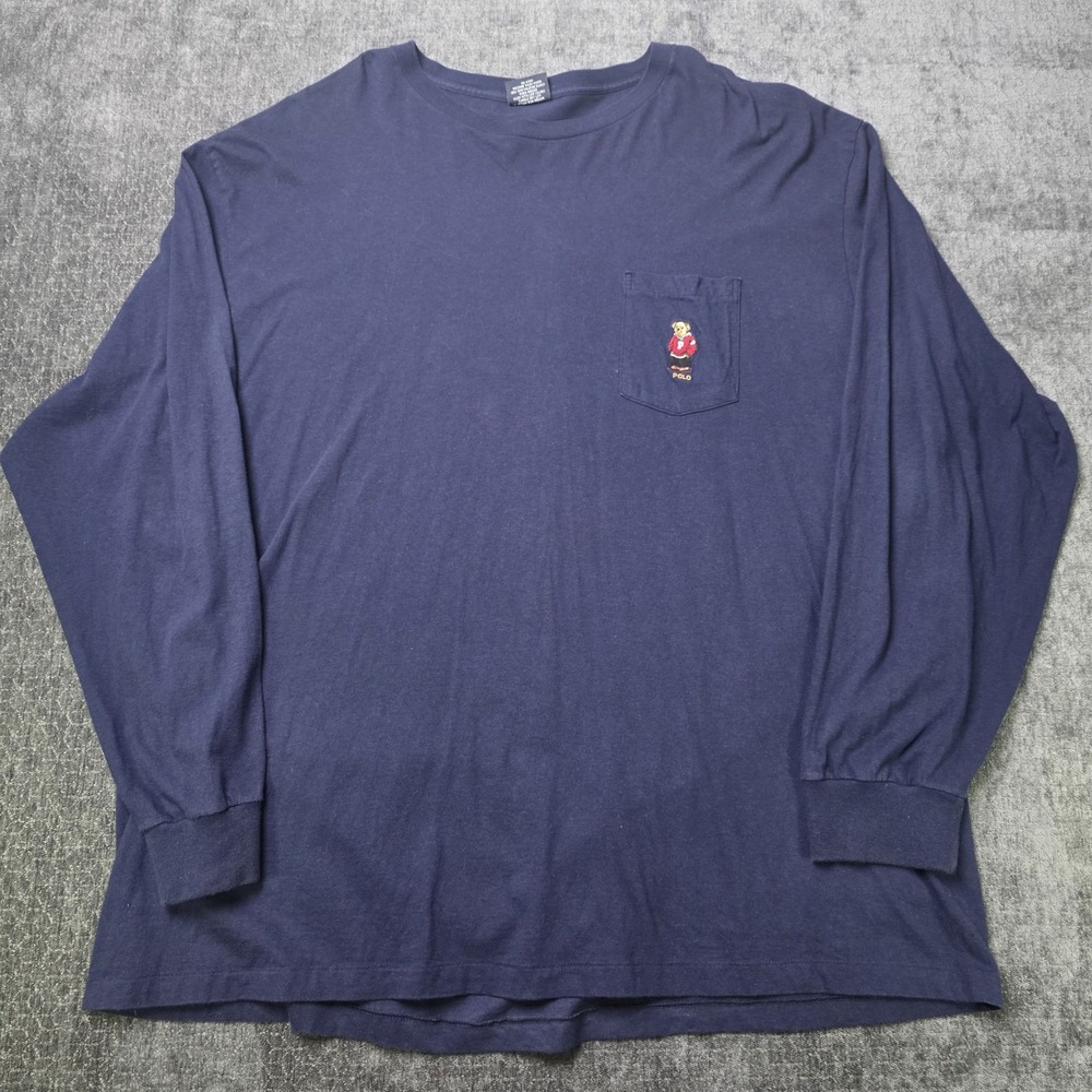Vtg Made USA Polo Ralph Lauren Bear Selvedge Pocket T Shirt Long Sleeve XXL 2XL